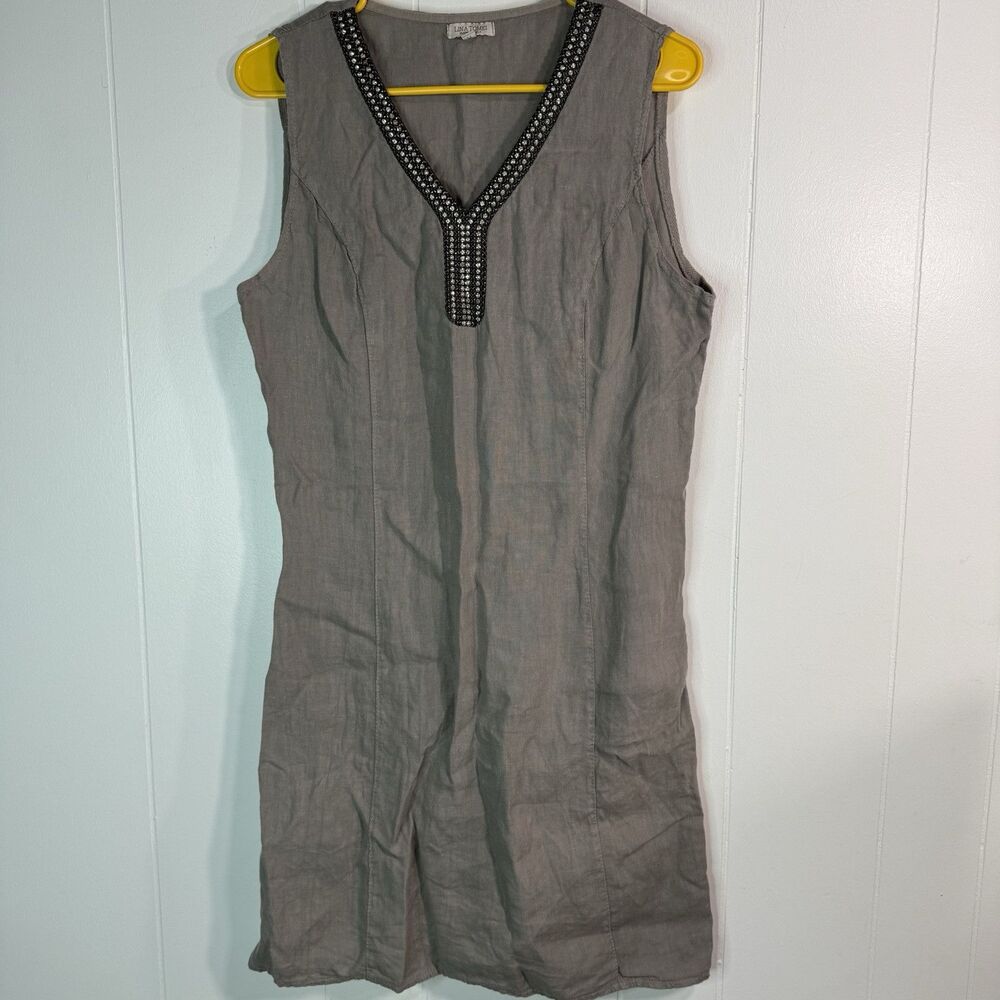 Lina Tomei Dress Knee Length Made In Italy Womens M Olive Embellished V Neck